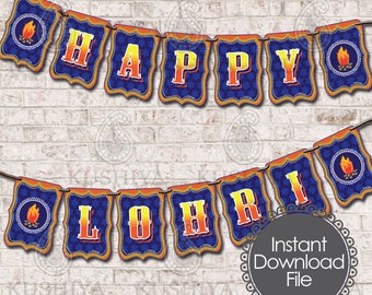 Lohri Decoration - Happy Lohri Bunting Flags, Banner, Indian Harvest, Celebrations, Instant Download, Printable, Print your own, DIY.