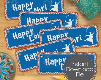 May include: Printable gift tags with a blue background and red border. The tags feature a silhouette of a person in a traditional Punjabi outfit and the text "Happy Lohri".