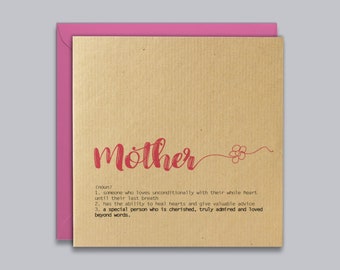 Mother Card, Definition, Meaning, Mother's Day, Thank You, Best Mum, Perfect Mum, Special Mum, Happy Birthday, Unique Card, Typography Card