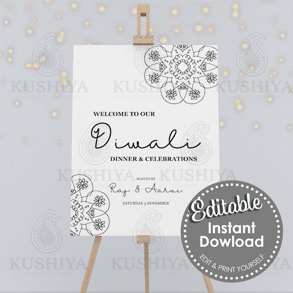 Diwali Party Welcome Sign Simple Mandala Design - Editable, Digital File, Instant Download, Printable, Board, Edit Yourself, Print Your Own