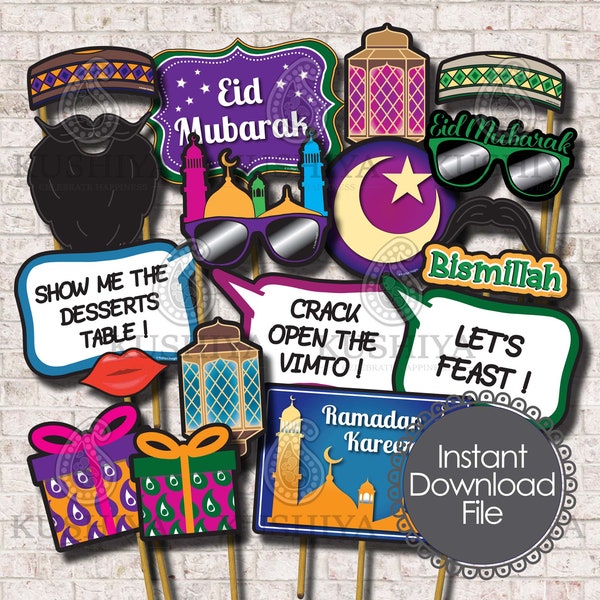 Eid Party Photo Booth Props  - Set of 17 - Eid Celebrations, Eid Party Signs, Ramadan, Islamic, Download, Printable, Print your own, DIY.