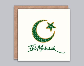 Eid Mubarak Card, Eid Celebrations, Ramadan Kareem, Islamic Greeting Card, Muslim Festival, Crescent Moon and Star, Ethnic Inspired Card