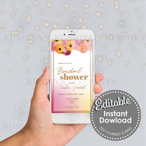 Könnte beinhalten: Eine digitale Einladung zu einem Bridal Shower mit einem Aquarell-Blumendesign in Rosa-, Orange- und Gelbtönen. Der Text der Einladung lautet: "Bitte nehmen Sie an einem Bridal Shower zu Ehren von Neha Patel teil Samstag, 19.06.2022, 15:00 Uhr Im Patel Residence 100 Hilltop Avenue London RSVP bis 15.06.2022"