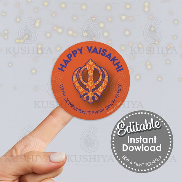 Happy Vaisakhi Orange Circle Sticker - Khanda, Sikh, Editable, Personalised, Digital File, Instant Download, Printable, Edit Yourself.