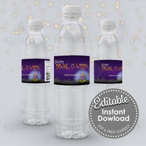May include: Printable water bottle labels with a purple and orange design featuring a diya and the text "Happy Diwali-O-Ween" and "Keep Hydrated".