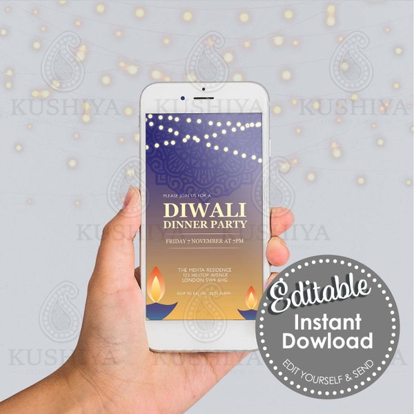 Diwali Dinner Party Mobile Invitation - Blue Diya, Editable, Digital File, Instant Download, Electronic, Phone Invite, Edit Yourself, DIY