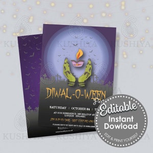 May include: An invitation to a Diwali-O-Ween party with a purple and green background featuring a moon, bats, and a pair of hands holding a lit diya. The text reads "Diwal-O-Ween Party" and includes the date, time, and location of the event. The invitation also includes the text "Editable Instant Download Edit & Print Yourself".