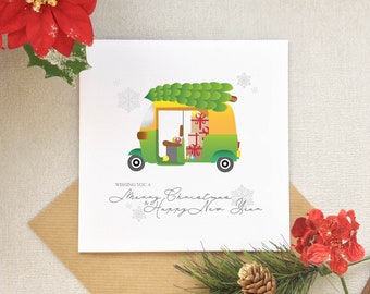 Tuk Tuk Christmas Card - Indian Inspired Christmas Cards, South Asian Christmas, Season's Greetings, Holiday Card, Festive Season.