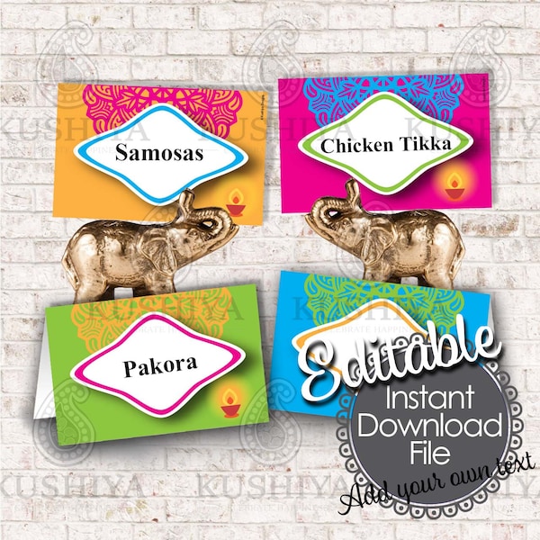 Diwali Food Tent Cards Editable - Food Labels, Table Cards, Place Cards, Diwali Party, Printable, Instant Download, Print Your Own, DIY
