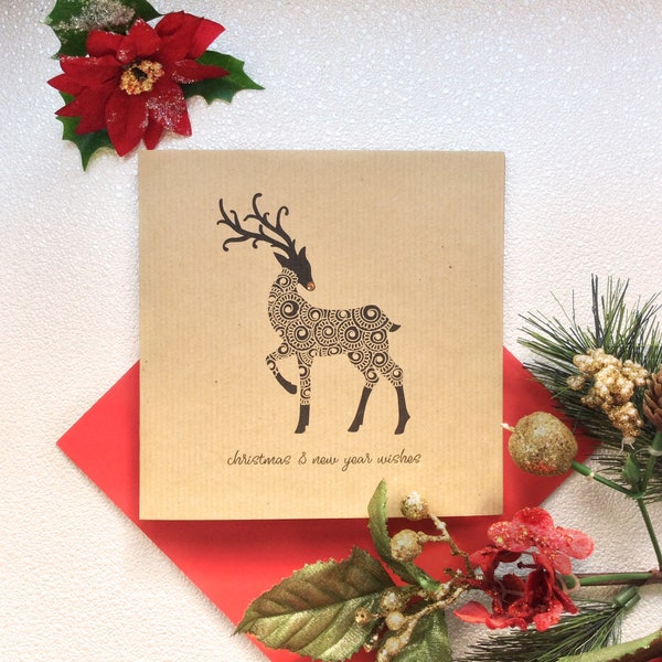 Luxury Christmas Card - Reindeer, Xmas Card, Season's Greetings, Holiday Cards, Festive Season, Indian Henna Art Inspired Designs.
