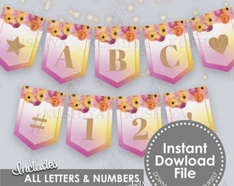 Indian Flower All Letter Bunting Flags - Mehndi, Sangeet, Bridal Shower, Personalised, Digital, Print Your Own Custom Banner DIY [PSH1]