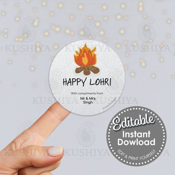 Happy Lohri Party Circle Sticker - Custom, Editable, Personalised, Digital File, Instant Download, Printable, Edit Yourself, Print Your Own.