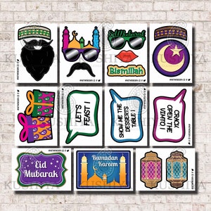 May include: A set of 10 printable photo booth props for Eid Mubarak and Ramadan celebrations. The props feature colorful designs with text like "Eid Mubarak", "Let's Feast", "Show Me The Desserts Table", and "Crack Open The Vimto!"