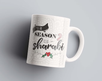 Taza de Navidad Desi - Taza Punjabi, Taza de té de café, Taza Sharabi, Días festivos, Temática india, Regalo festivo, Relleno de medias, Taza de cerámica.