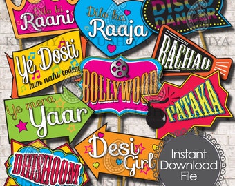 Bollywood Party Photo Booth Props  - Set of 10 - Indian Style, Party Signs, Desi, Instant Download, Printable, Print your own, DIY Props.