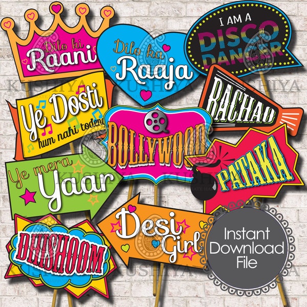 Bollywood Party Photo Booth Props  - Set of 10 - Indian Style, Party Signs, Desi, Instant Download, Printable, Print your own, DIY Props.