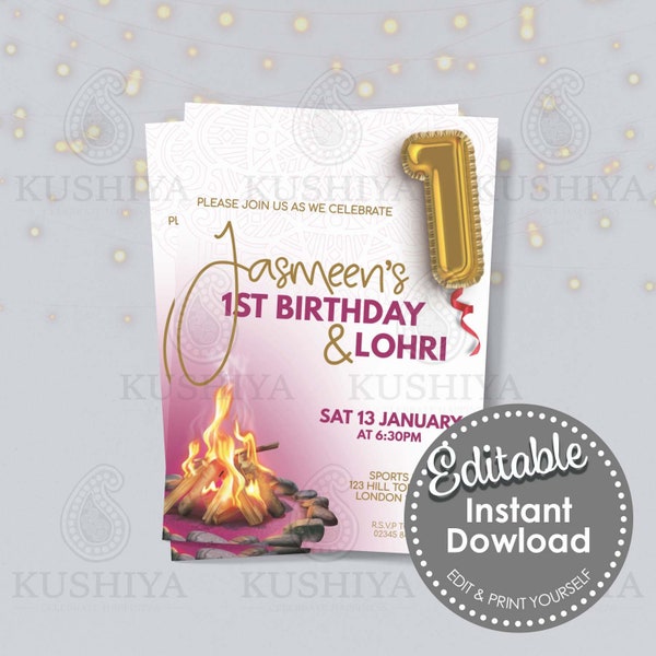 Baby's First Lohri & Birthday Party Invitation-  Pink, Girl, Edit Yourself, Digital File, Instant Download, Printable Invite, Print Your Own