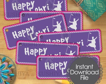 May include: Purple and pink printable gift tags with the text "Happy Lohri" and a silhouette of a person in a traditional Punjabi outfit. The tags are decorated with a white and pink border. The text "Instant Download File" is also visible in the image.