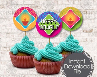 Happy Diwali Bunte Cupcake Toppers - Diwali Dekoration, Diwali Essen, Diwali Party, druckbare Cupcake Toppers, Datei, Drucken Sie Ihre eigenen, DIY