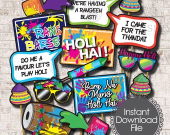 Holi Celebration Photo Booth Props  - Set of 15 - Rang Barse, Holi Hai, Colourful Party, Instant Download, Printable, Print your own, DIY