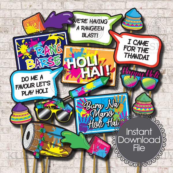 Holi Celebration Photo Booth Props  - Set of 15 - Rang Barse, Holi Hai, Colourful Party, Instant Download, Printable, Print your own, DIY