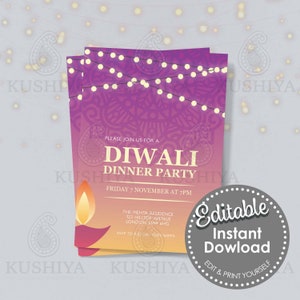 Diwali Dinner Party Invitation - Pink Diya, Editable, Digital File, Instant Download, Printable Invite, Edit Yourself, Print Your Own, DIY