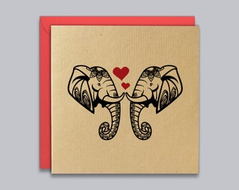 Anniversary Card,  Elephants, Hearts, Valentines, Love, Girlfriend, Boyfriend, Wedding, Wife, Husband, Couple, Ethnic Card, Indian Card