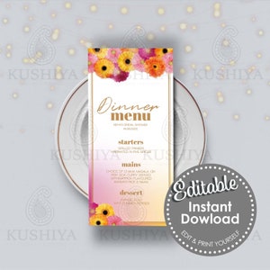 Tarjeta de menú de almuerzo/cena de flores indias - Noche de Mehndi, Sangeet, Boda, Bollywood, Plantilla de descarga instantánea, Edite e imprima usted mismo. [PSH1]