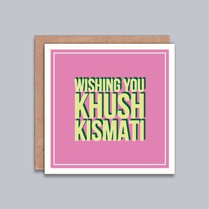 Viel Glück Karte, wünscht Ihnen Khush Kismati, indische Glück Karte, Hochzeit, neuer Job, Umzug, Prüfungen, jede Gelegenheit, Desi Karte, Retro Design.