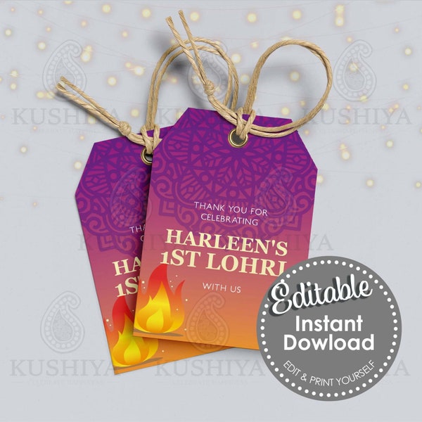 Pink Lohri Party Gift/Favour Tags -Custom, Editable, Personalised, Digital File, Instant Download, Printable, Edit Yourself, Print Your Own