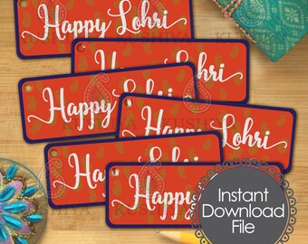 May include: Six orange gift tags with a blue border and gold paisley pattern. The tags have the text "Happy Lohri" in white cursive font. The text "Instant Download File" is also visible in the image.