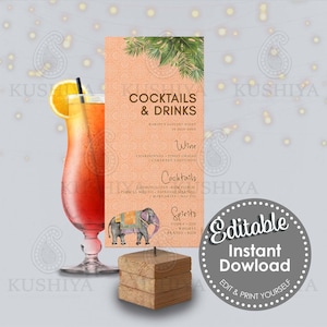 Carte de menu cocktail/boissons éléphant indien - nuit Mehndi, Sangeet, mariage Bollywood, modèle de téléchargement instantané, modifier et imprimer vous-même [HTS1]