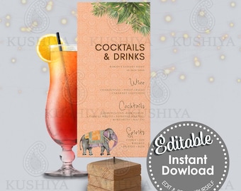 Indian Elephant Cocktail/Drinks Menu Card -Mehndi Night, Sangeet, Wedding Bollywood, Instant Download Template, Edit & Print Yourself [HTS1]