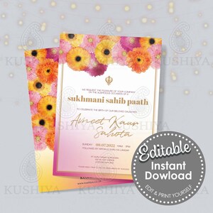 Könnte beinhalten: Eine editierbare Einladungsvorlage für eine Sukhmani Sahib Paath-Zeremonie mit einem Aquarell-Blumendesign in Gelb und Rosa. Der Text lautet "Sukhmani Sahib Paath" und "Avinet Kaur Sahota" mit Datum und Uhrzeit der Veranstaltung. Die Einladung enthält auch die Adresse des Gurudwara, an dem die Zeremonie stattfinden wird. Der Text "Editable Instant Download Edit & Print Yourself" ist ebenfalls enthalten.
