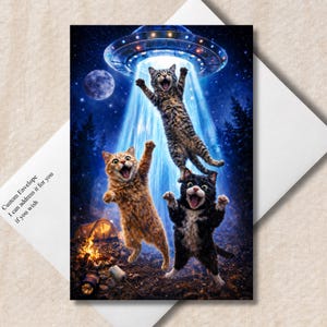 May include: A greeting card featuring a vibrant night scene with three cats being abducted by a glowing UFO. One cat is lifted by a blue light beam while two others reach up from a campsite with a tent and campfire. The text reads Custom Envelope I can address it for you if you wish.