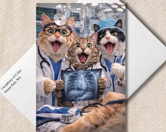 Funny Get Well Card with Cat Doctors | 5X7 with envelope | Blank inside | Sympathy