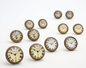 Clock Face Earrings | Steampunk Watch Face Ear Studs | Antique Bronze Steam Punk Clock Stud Earrings |