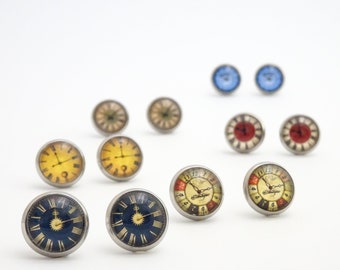 Clock Face Earrings § Steampunk Watch Face Ear Studs § Stainless Steel Steam Punk Clock Stud Earrings