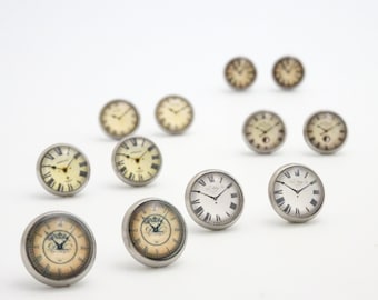 Clock Face Earrings | Steampunk Watch Face Ear Studs | Stainless Steel Steam Punk Clock Stud Earrings