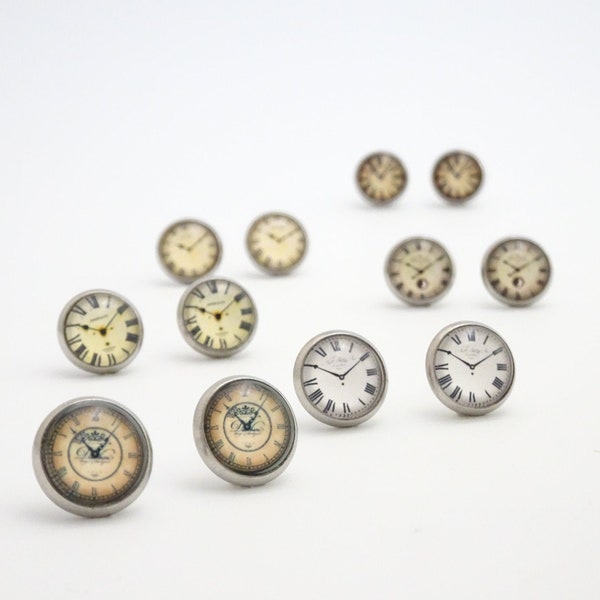 Clock Face Earrings | Steampunk Watch Face Ear Studs | Stainless Steel Steam Punk Clock Stud Earrings