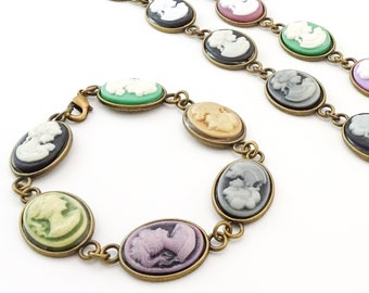 Cameo Bracelet | Resin Colored Cameo Link Bracelet | Antique Bronze | Nickel Free