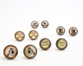 Steampunk Stud Earrings | Steam punk Pennyfarthing Bicycle Ear Studs | Antique Bronze Raven Keys Stud Earrings |