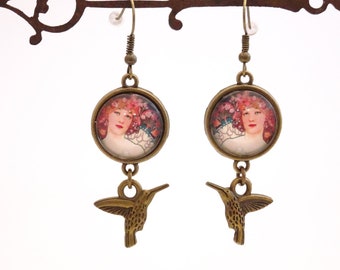 Alphonse Mucha Earrings | Art Nouveau Earrings | Hummingbird | Antique Bronze | Nickel Free