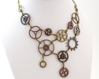 Steampunk Gears Bib Necklace | Funky Gears Bib Collar | Steam Punk Statement Necklace