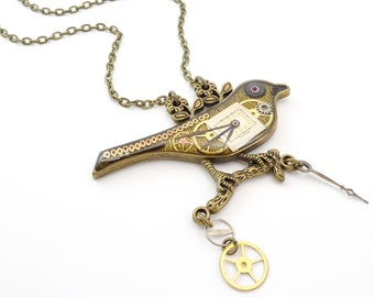 Steampunk Bird Collector Necklace | Watch Parts in Resin | Resin Bird Necklace | Antique Bronze