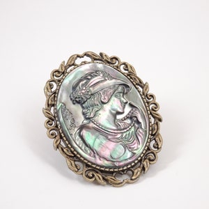 Victorian Cameo Brooch Hand Carved Shell Cameo Pin Victorian Lady Brooch Antique Bronze image 1