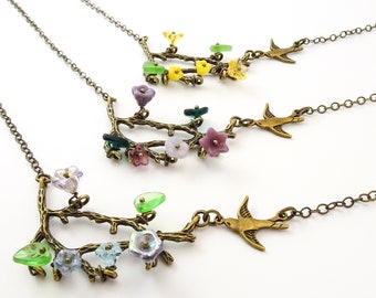 Flowering Branch Necklace | Blooming Branch | Flower and Bird Necklace | Antique Bronze