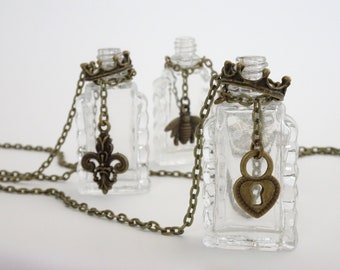 Empty Bottle Necklace | Vintage Perfume Bottle with Crown | Victorian Weeping Bottle | Antique Bronze