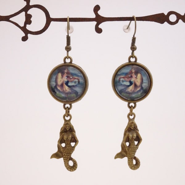 Mermaid Earrings, Victorian Nautical Earrings, Antique Bronze, Nickel Safe