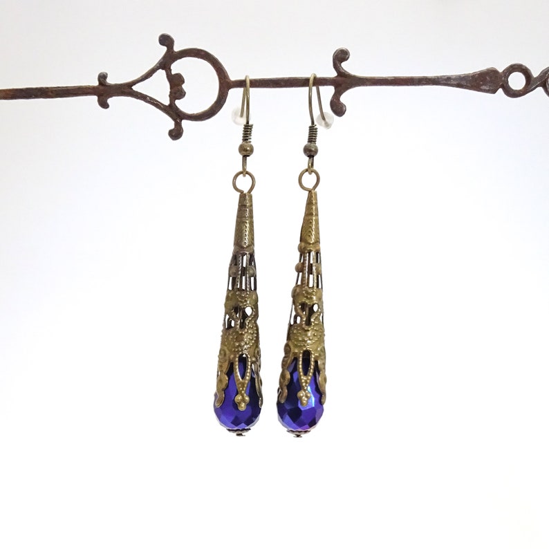 Metallic Filigree Victorian Drop Earrings Teardrop Dangle Steampunk Earrings Antique Bronze Blue